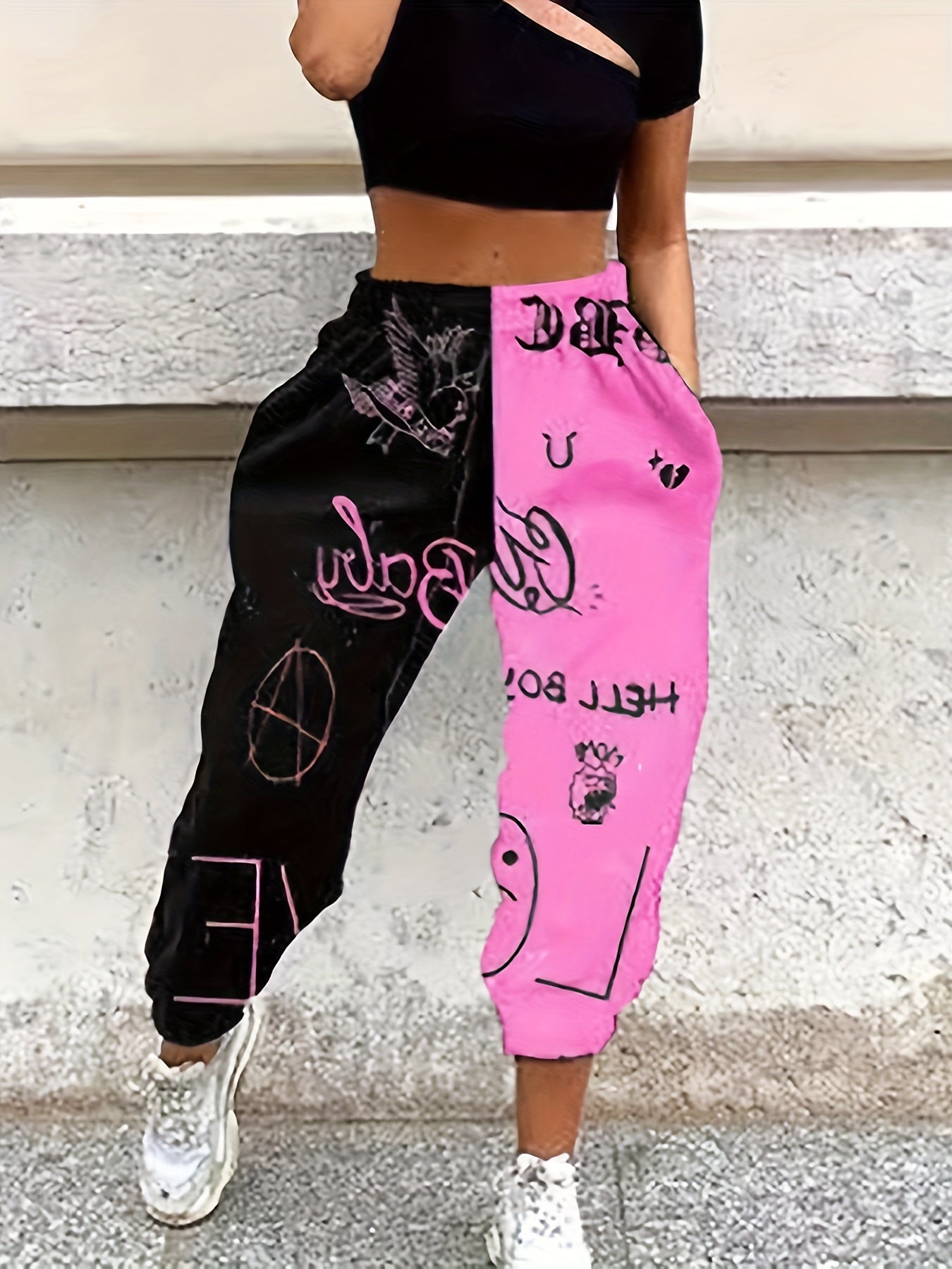Women's Casual Jogger Pants - Loose-Fit Elastic Cuff Sweatpants with Black & Pink Color-Block Design, Letter & Graphic Prints (Hearts, Stars, Peace Signs), All-Season Machine Washable Lounge Pants for Women, Jogging Pants, Ca